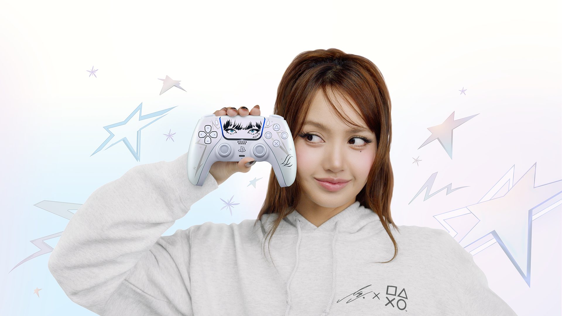 La manette DualSense Lisa Limited Edition Chroma Pearl, avec la frange et les étoiles signature de Lisa des BLACKPINK