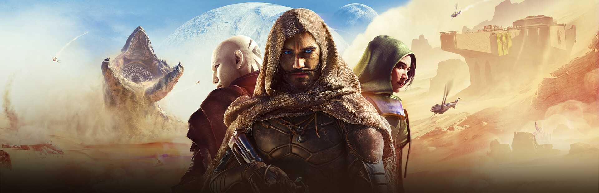 Key art officiel de Dune: Awakening — Arrakis, ver des sables et ornithoptères © Funcom — capture officielle