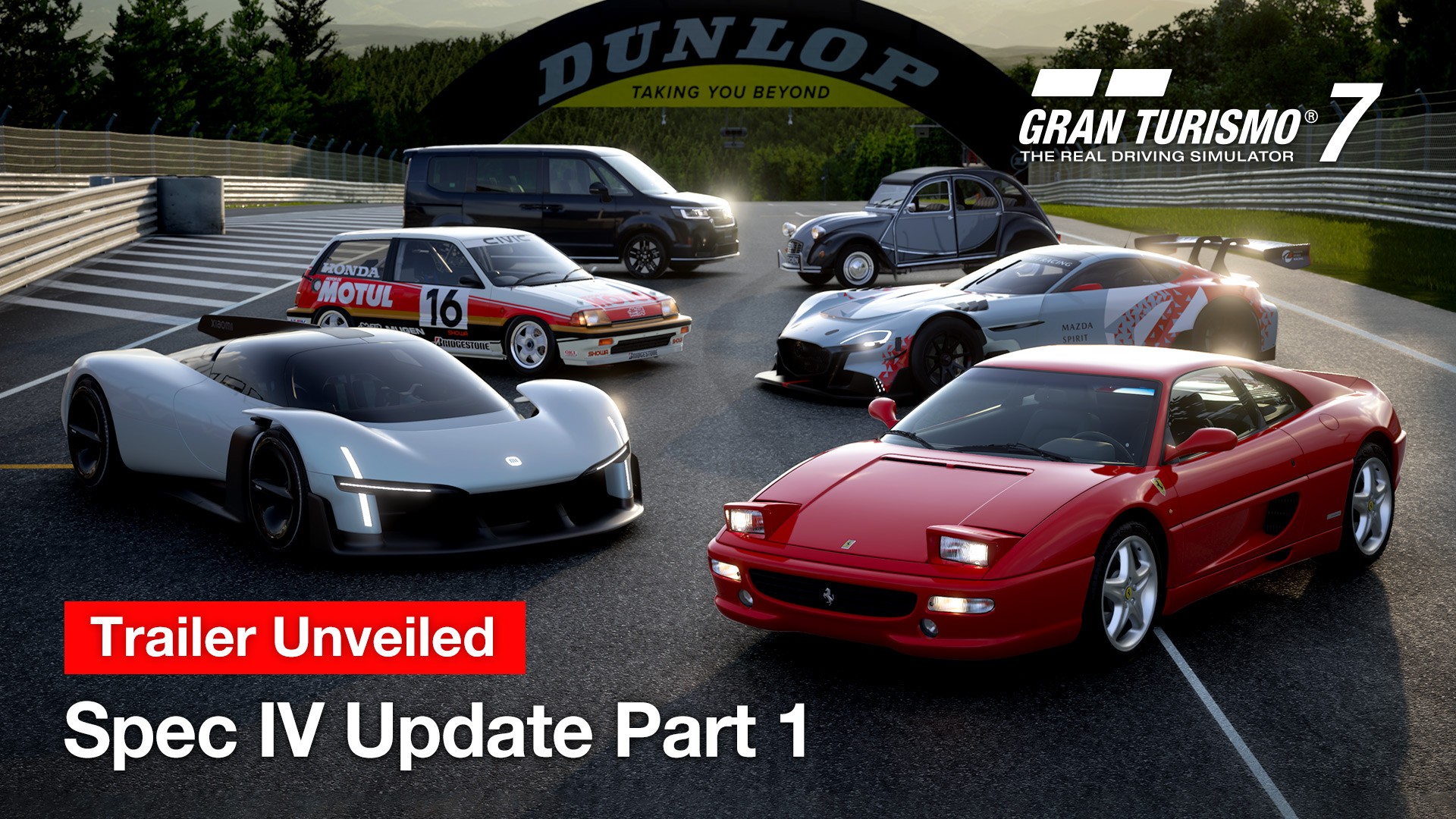 Gran Turismo 7 — visuel de la mise à jour Spec IV avec le pont Dunlop de Sportsland SUGO