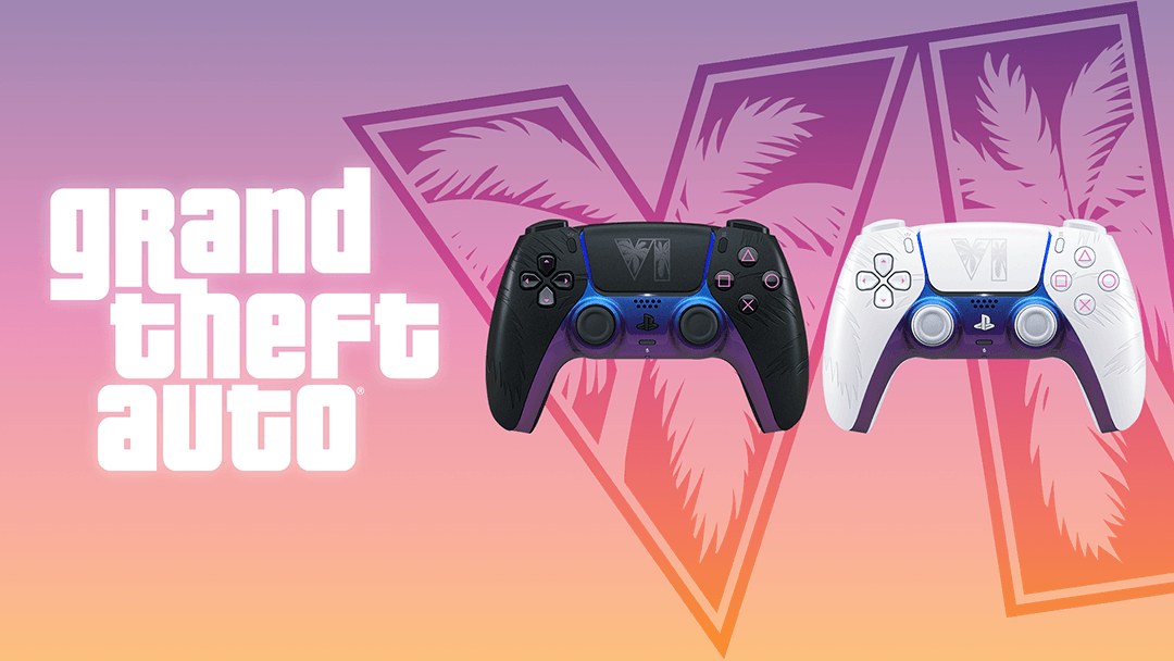 Les deux manettes DualSense Grand Theft Auto VI édition limitée, noire et blanche, sur fond Vice City