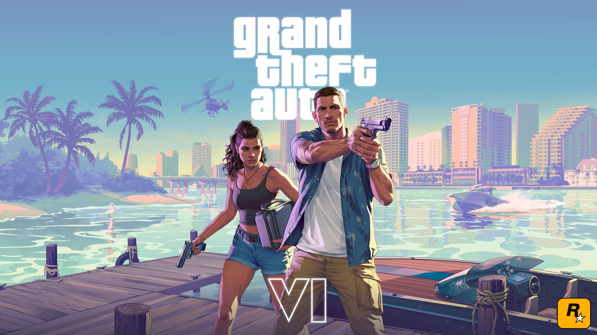 Key art officiel de GTA 6 : Lucia et Jason armés devant la baie de Vice City