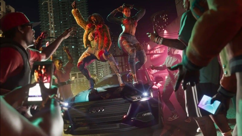 GTA 6 — fête de rue nocturne baignée de néons à Vice City