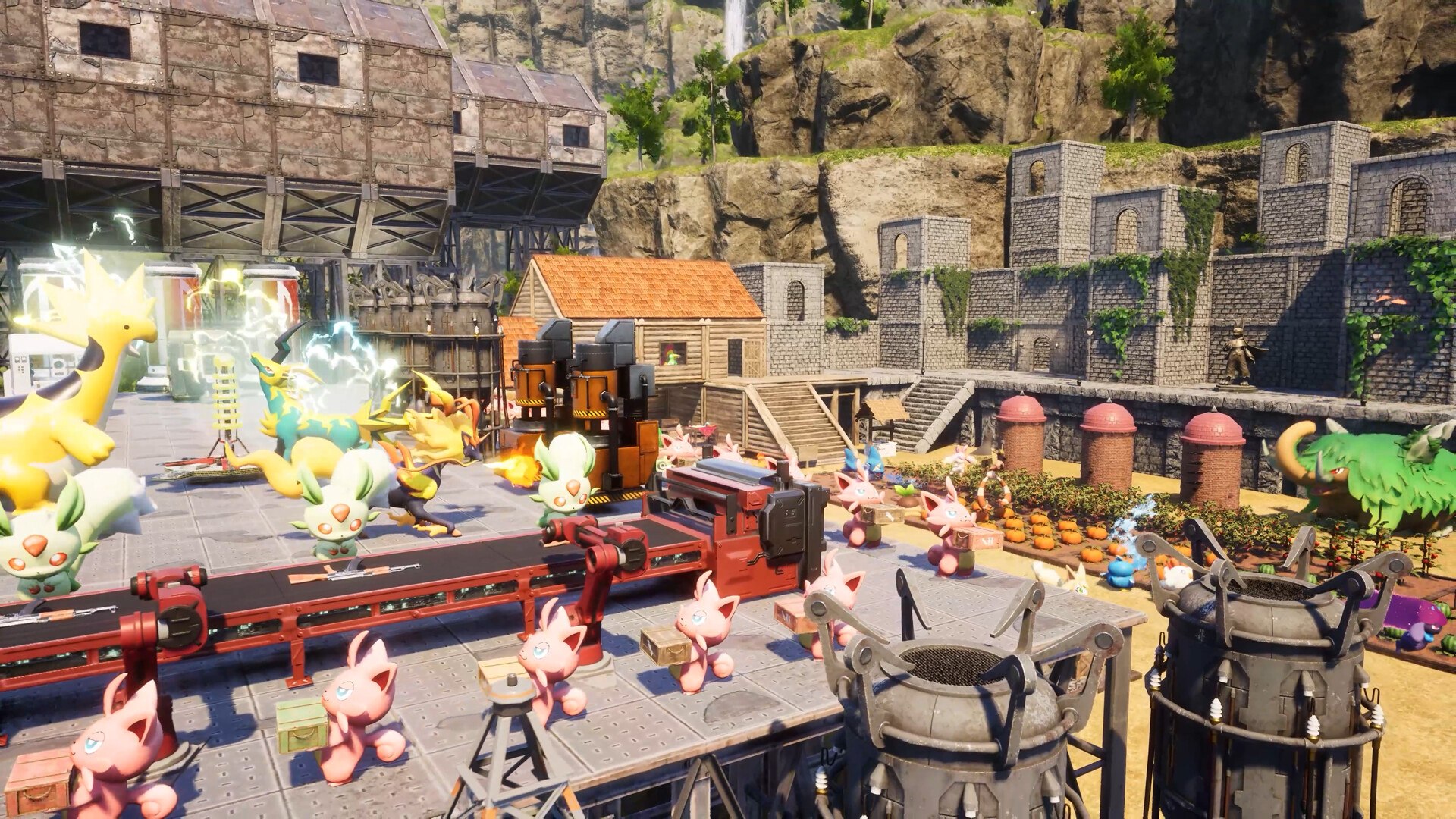 Des Pals au travail sur une chaîne de production — capture de gameplay Palworld